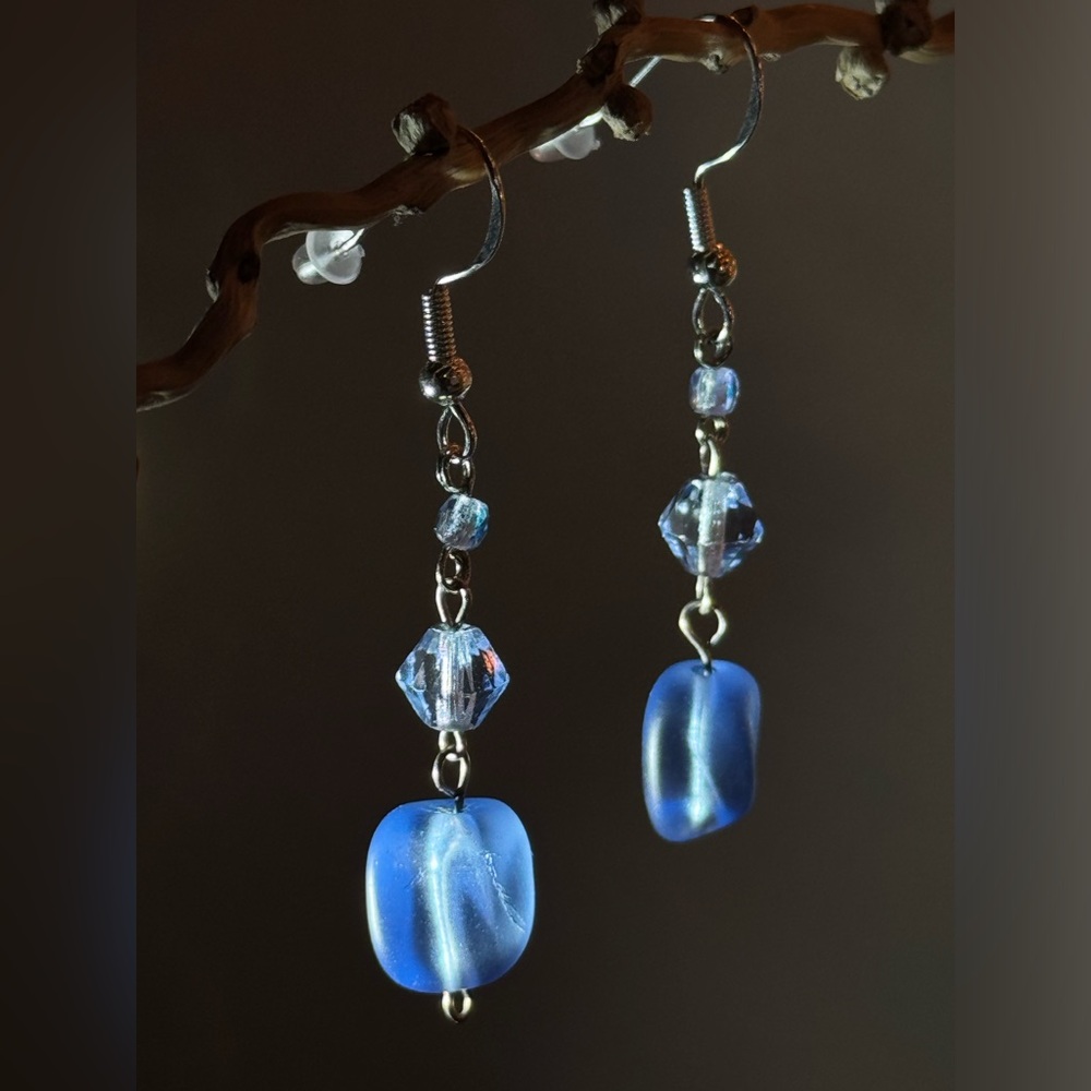 HAND CRAFTED Ice Blue "Sea Glass" Bead & Swarovski Crystal Accent Drop Earrings - Picture 9 of 14